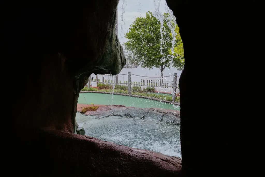 View from inside a waterfall cave on the Buoy 18 mini golf course in Bay City, Michigan.