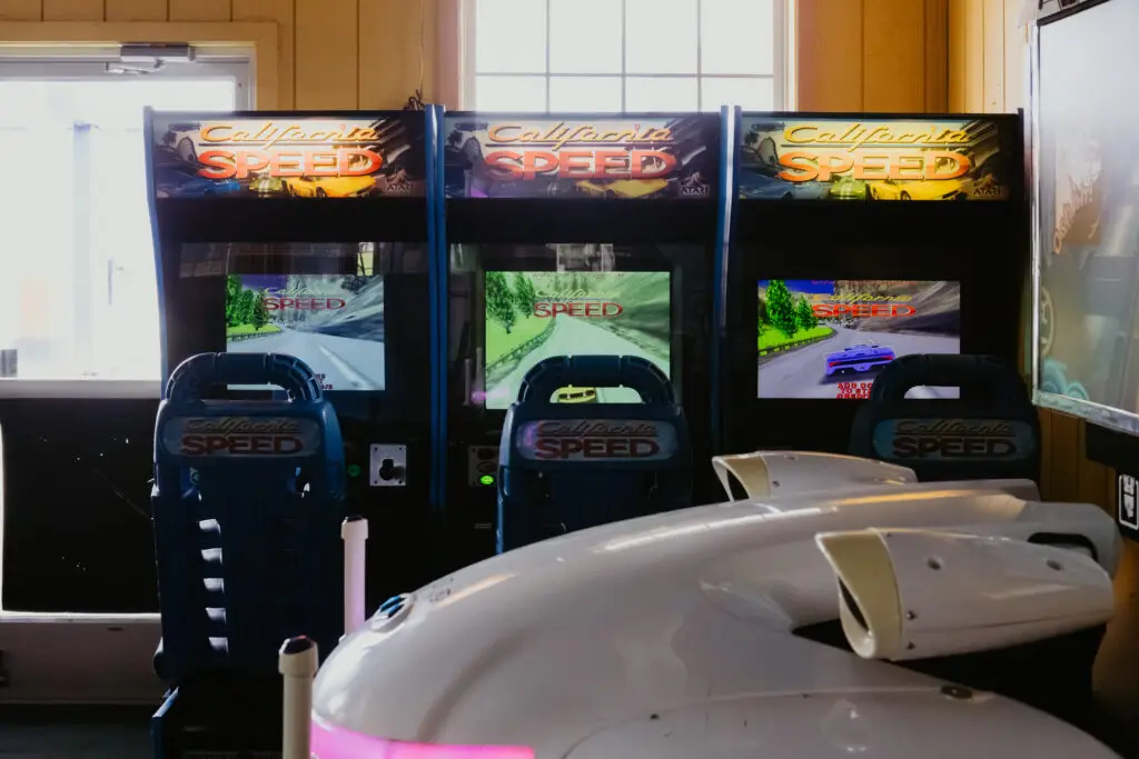 Classic California Speed racing arcade games inside the Buoy 18 arcade in Bay City, Michigan.