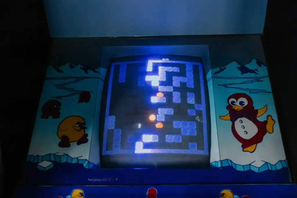Classic Pengo arcade game cabinet inside the Buoy 18 arcade in Bay City, Michigan.